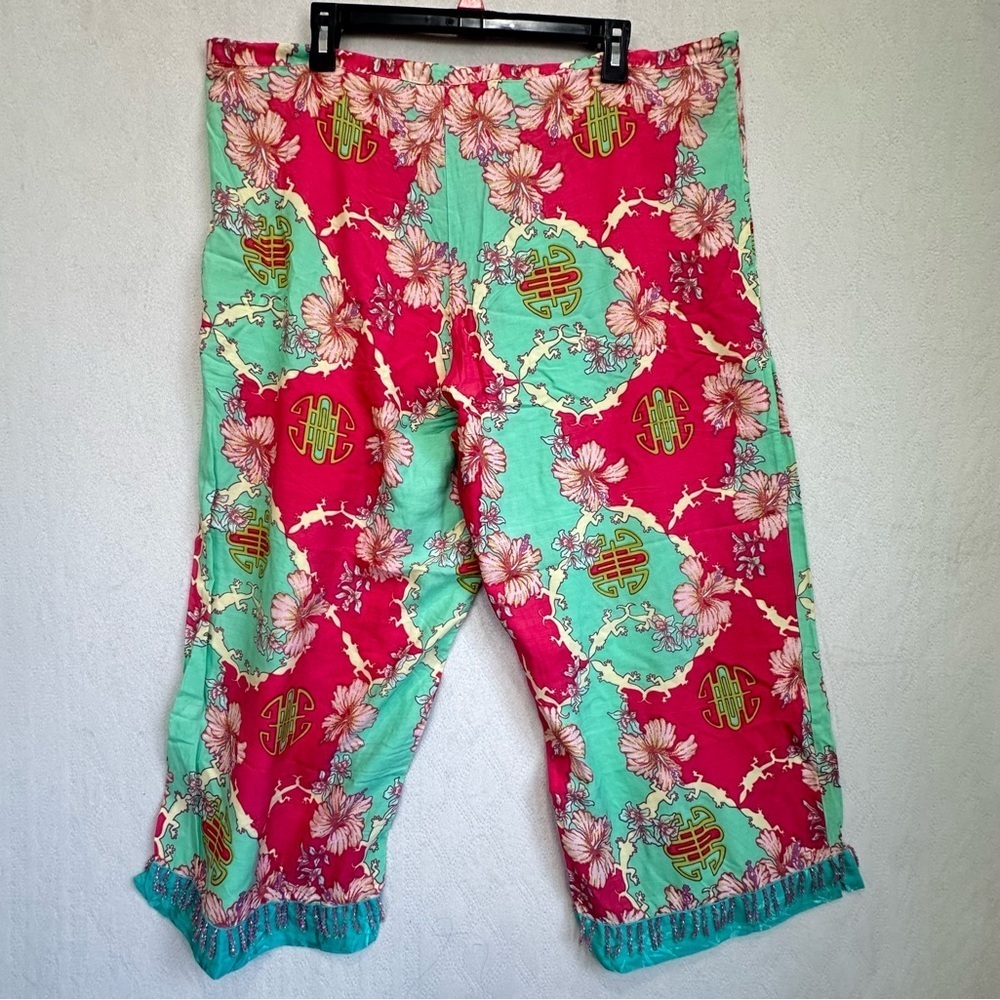Vintage Rainbow Jo Tropical Floral Pink & Mint Pants Sz L Beaded Button Hawaiian - Picture 8 of 15
